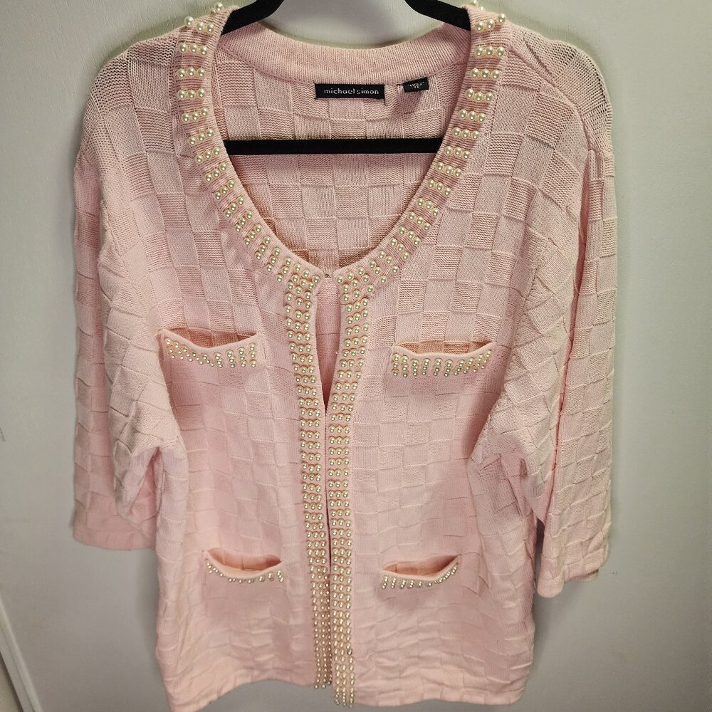 Pink Sweater with Pearl Button Design - Clip Closure, Size 2X